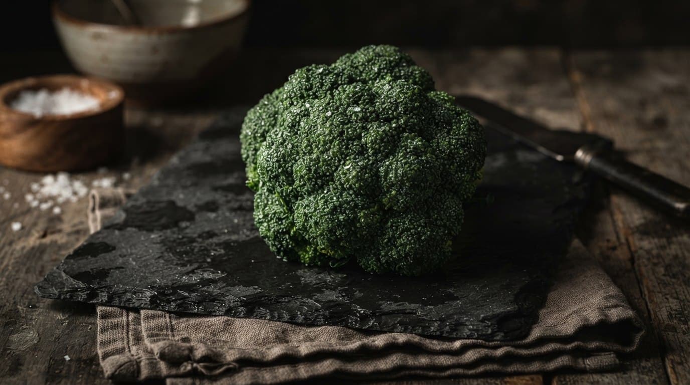 Fresh broccoli florets on a dark slate surface