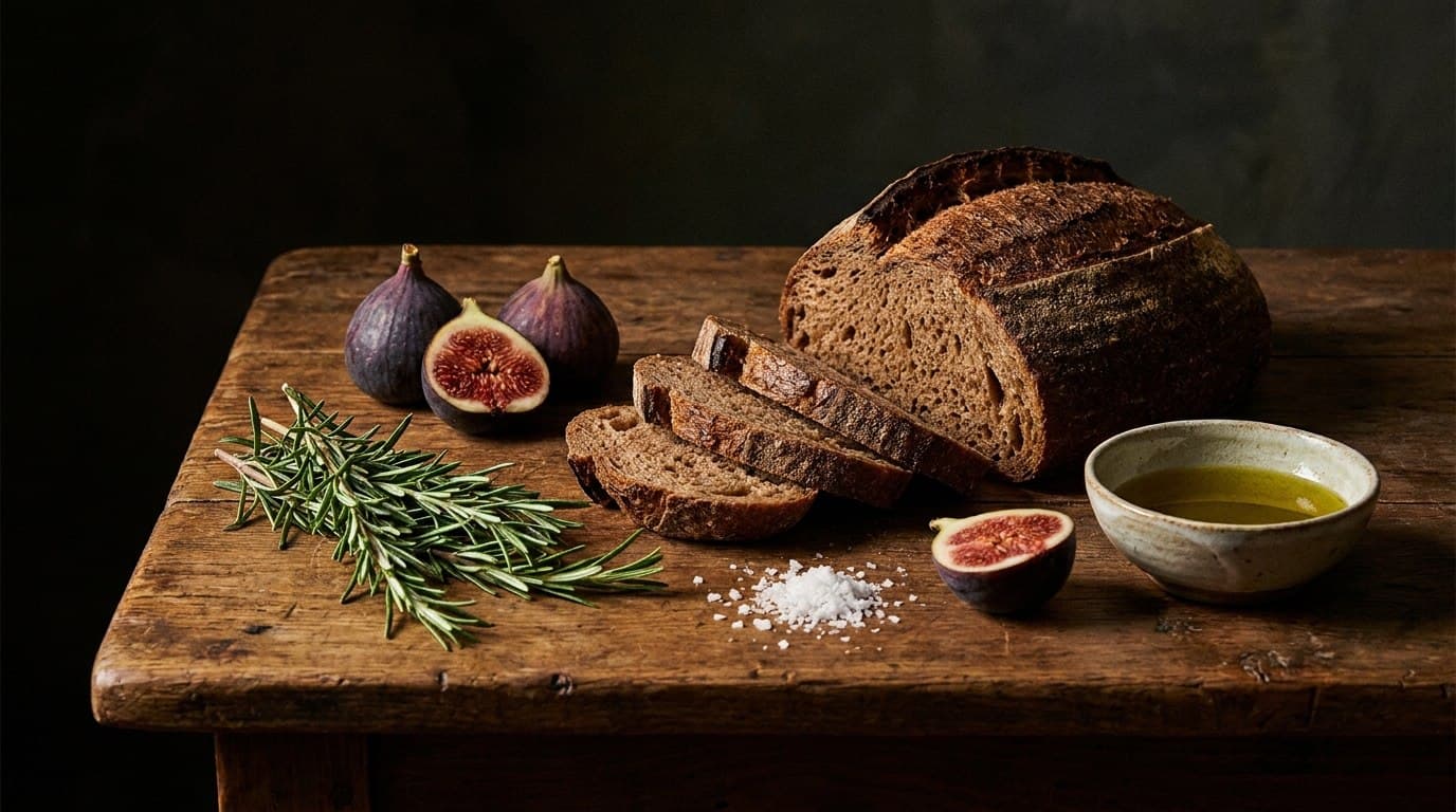 A dark, moody still life of fresh ingredients on a rustic table